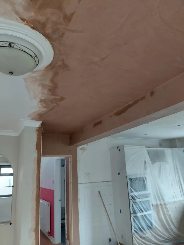 Newly plastered and painted ceiling with a circular light fitting.