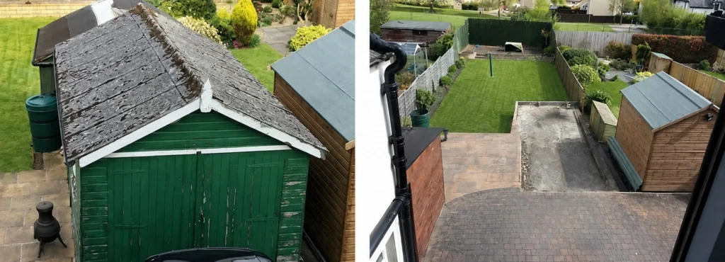 Concrete garage demolished in Flintshire with site cleared and existing concrete slab retained by Quirks Property Maintenance Ltd