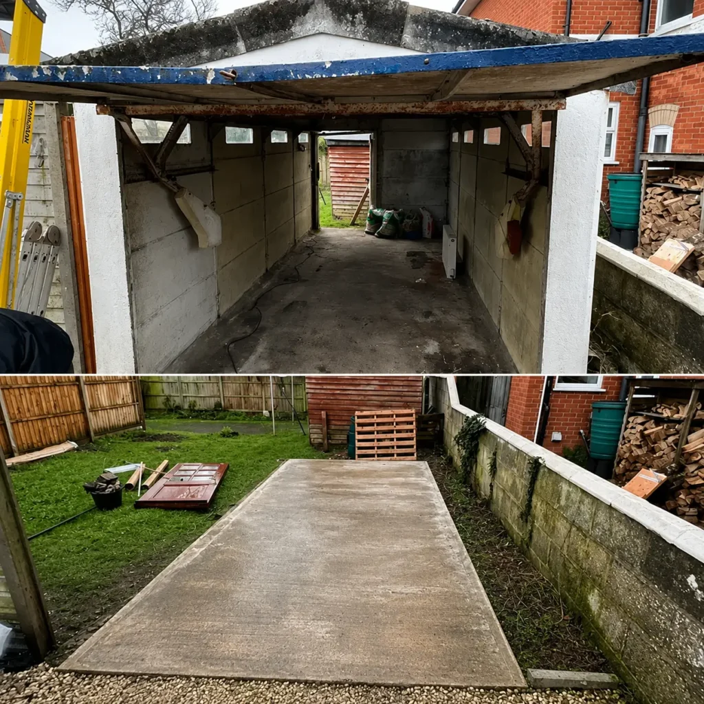 Concrete garage demolished in the Wirral with site cleared and slab retained by Quirks Property Maintenance Ltd