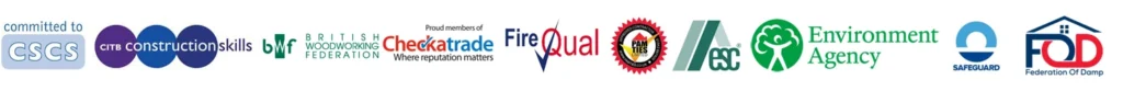 Accreditation logos including CSCS, Checkatrade, FireQual, Environment Agency and Federation of Damp