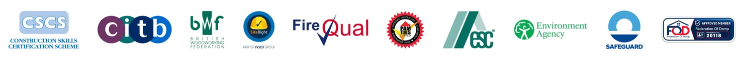 Accreditation and membership logos: CSCS, CITB ConstructionSkills, British Woodworking Federation, SiteRight, FireQual, PAM Ties, AESC, Environment Agency, Safeguard and Federation of Damp