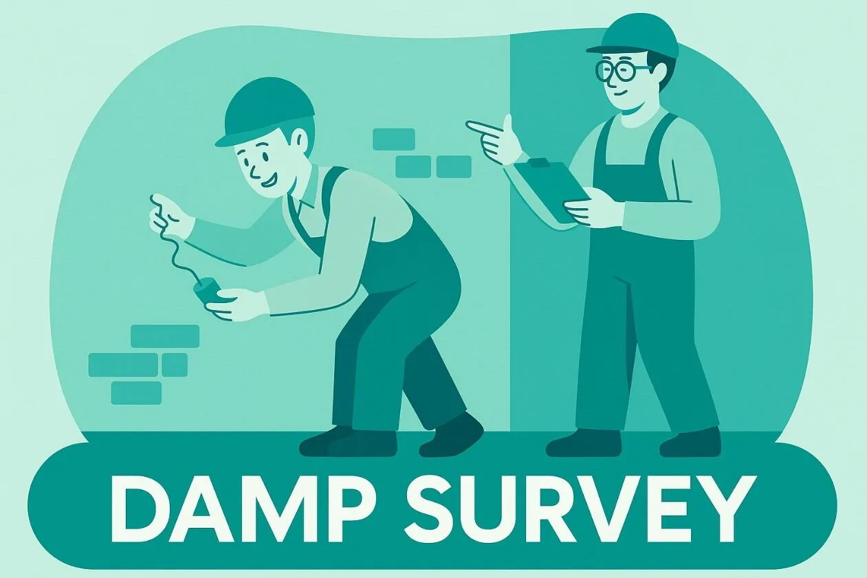 Illustration of a damp survey being carried out by two surveyors
