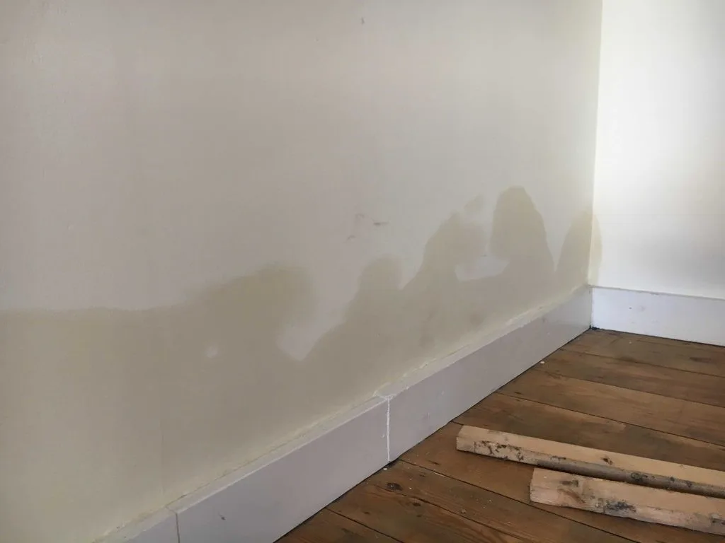 Tide mark of rising damp low on an internal wall above a wooden floor
