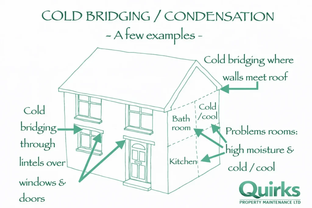 technical blueprint diagram illustrating typical moisture and damp paths in property walls