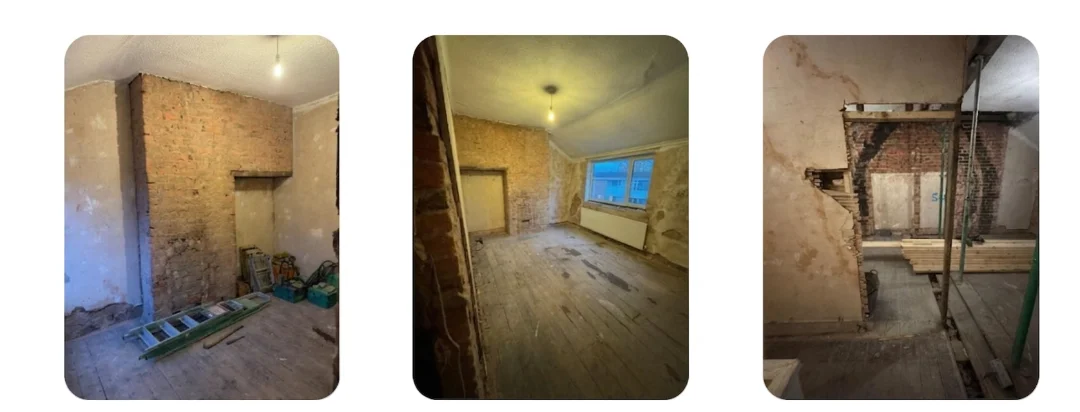 Chimney breast removal and structural wall support progress stages during a residential renovation by Quirks Property Maintenance.