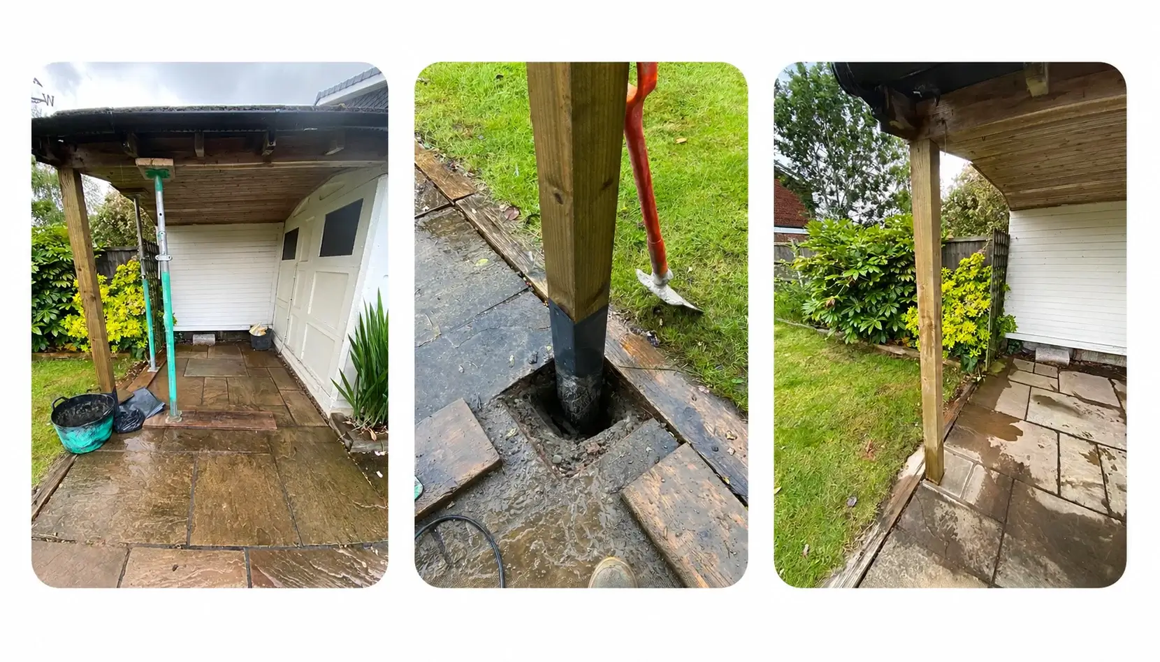 Emergency property maintenance showing temporary props, foundation work, and completed wooden post restoration