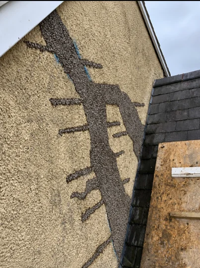 External render and structural crack repairs completed prior to painting at property in Hope, Flintshire