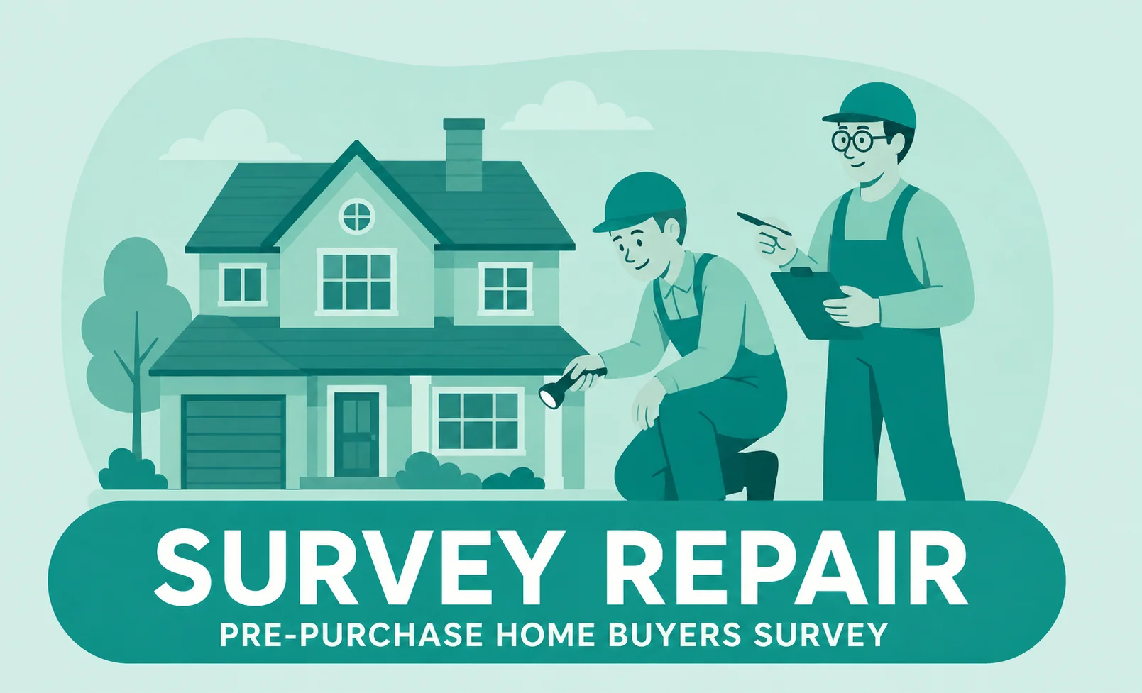 Pre-purchase home buyers survey and survey repair illustration showing a house with two home inspectors.