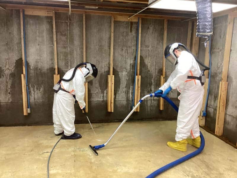 Operatives in protective equipment cleaning and disinfecting a flooded basement