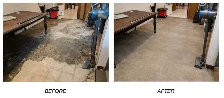 Water-damaged floor before and after cleaning and reinstatement