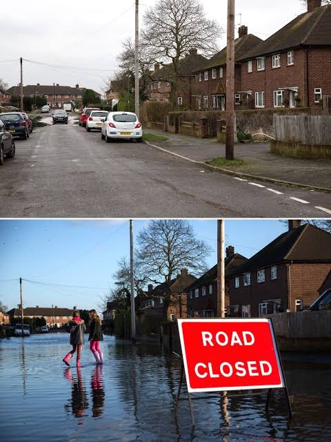 Residential street before and during flooding with a road closed sign