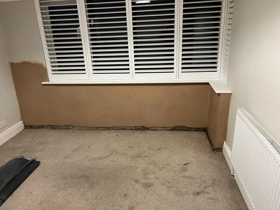 Replastered bay window walls after damp proofing in Chester