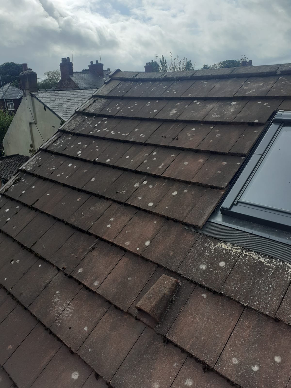 Weathered tiled roof slope with a roof window and chimney, showing a tile sitting proud of the surrounding covering