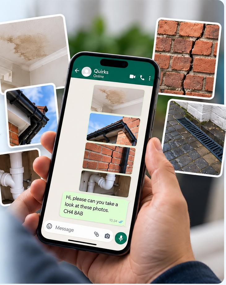 Customer sending Quirks photos of a damp ceiling, cracked brickwork and guttering on WhatsApp