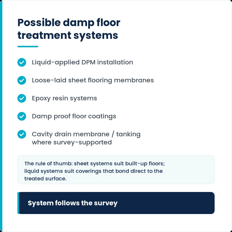 Quirks damp floor treatment systems — DPM installation, epoxy resin and floor coatings chosen from survey findings