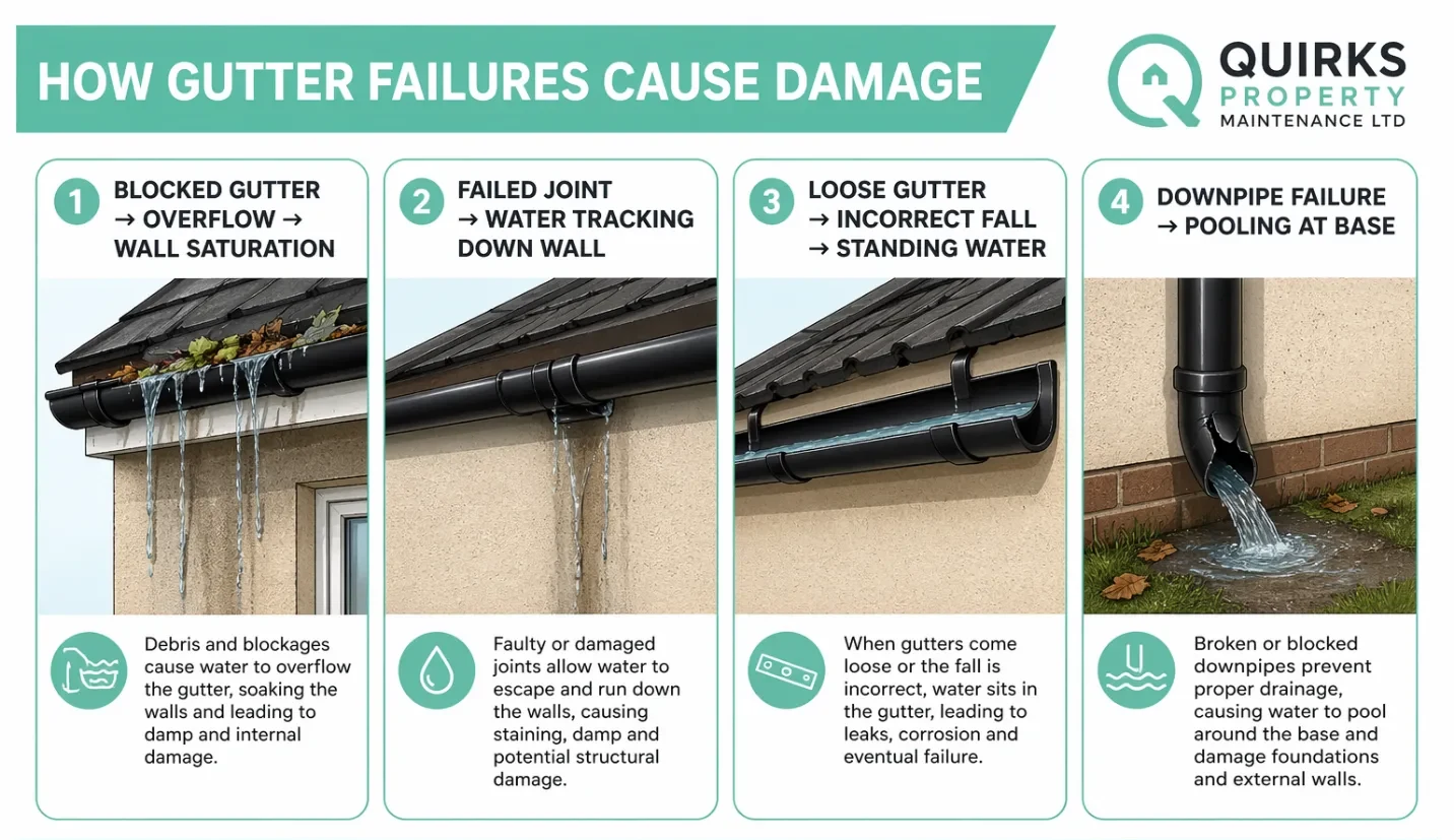 Illustrated panel showing four gutter faults: a blocked gutter overflowing, a failed joint with water tracking down the wall, a loose gutter with an incorrect fall holding water, and a downpipe failure pooling at the base of the wall