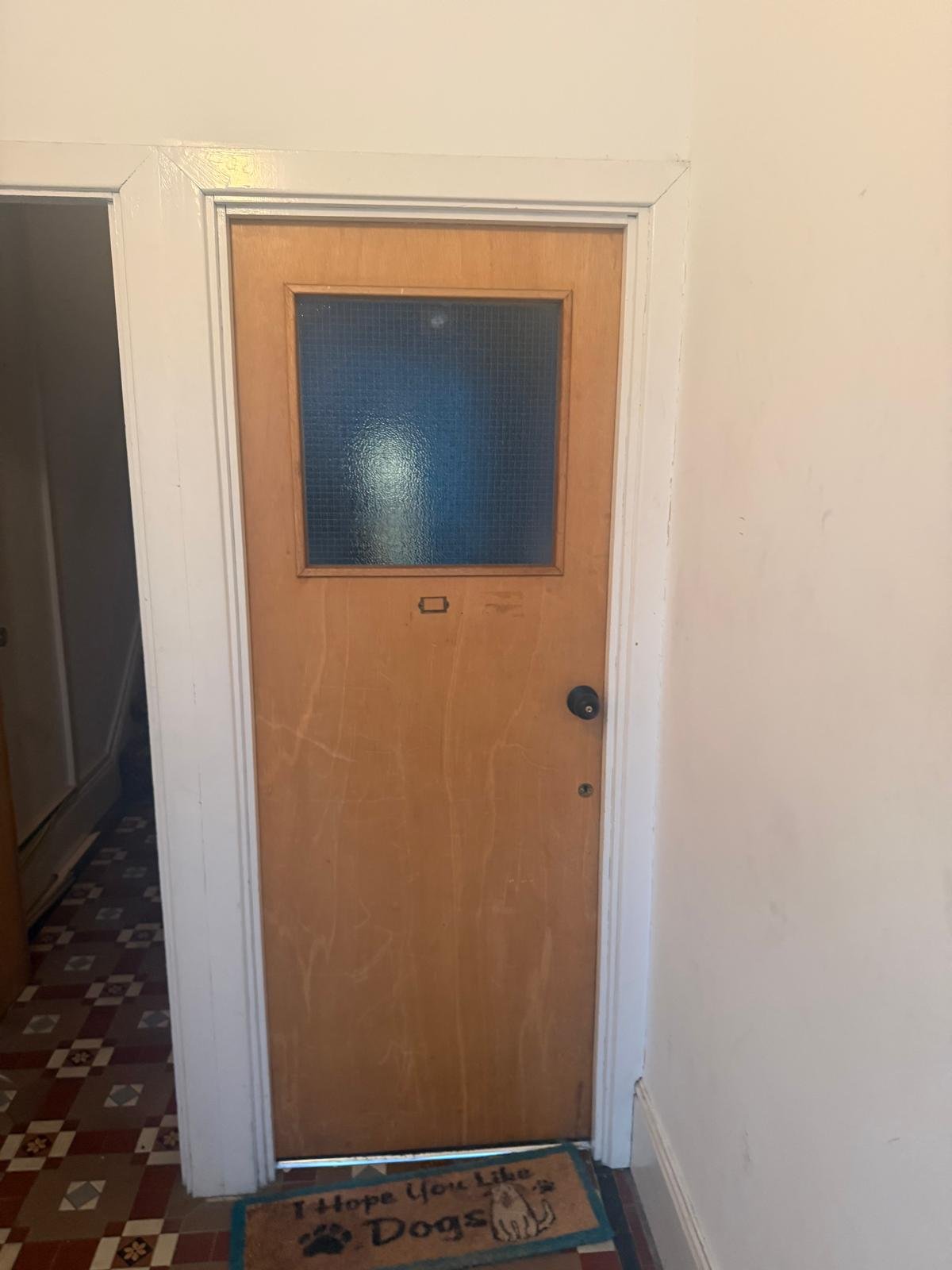 Veneered flat entrance door with a wired-glass panel and a knob set, in a painted frame off a Victorian tiled hallway, before replacement