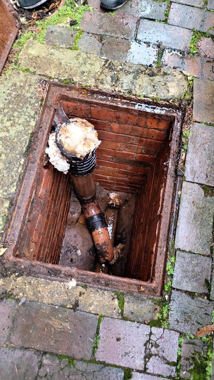 Inspection chamber with the outgoing pipe blocked by fat and wipes