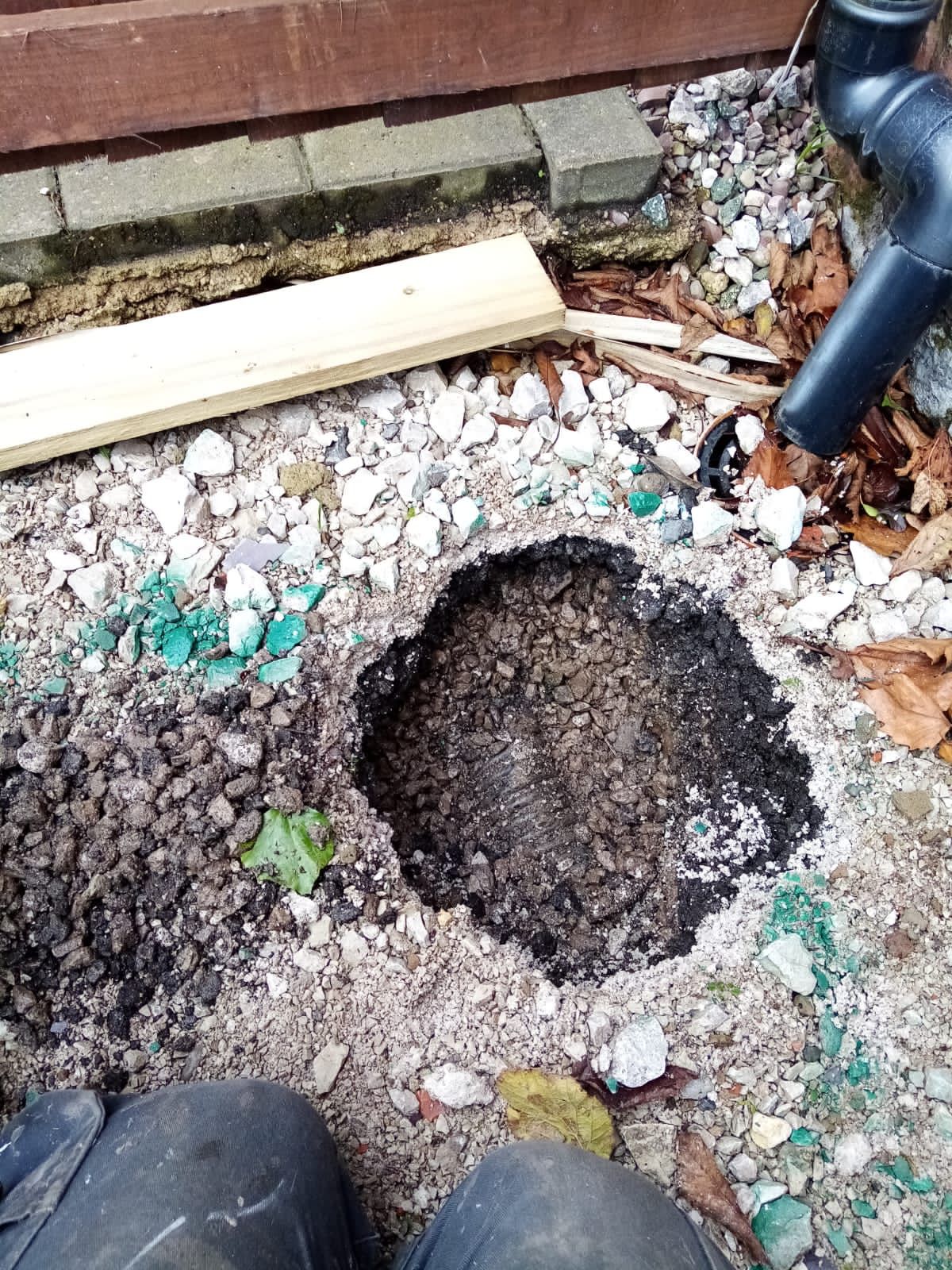 Excavation down to a drain beside a downpipe