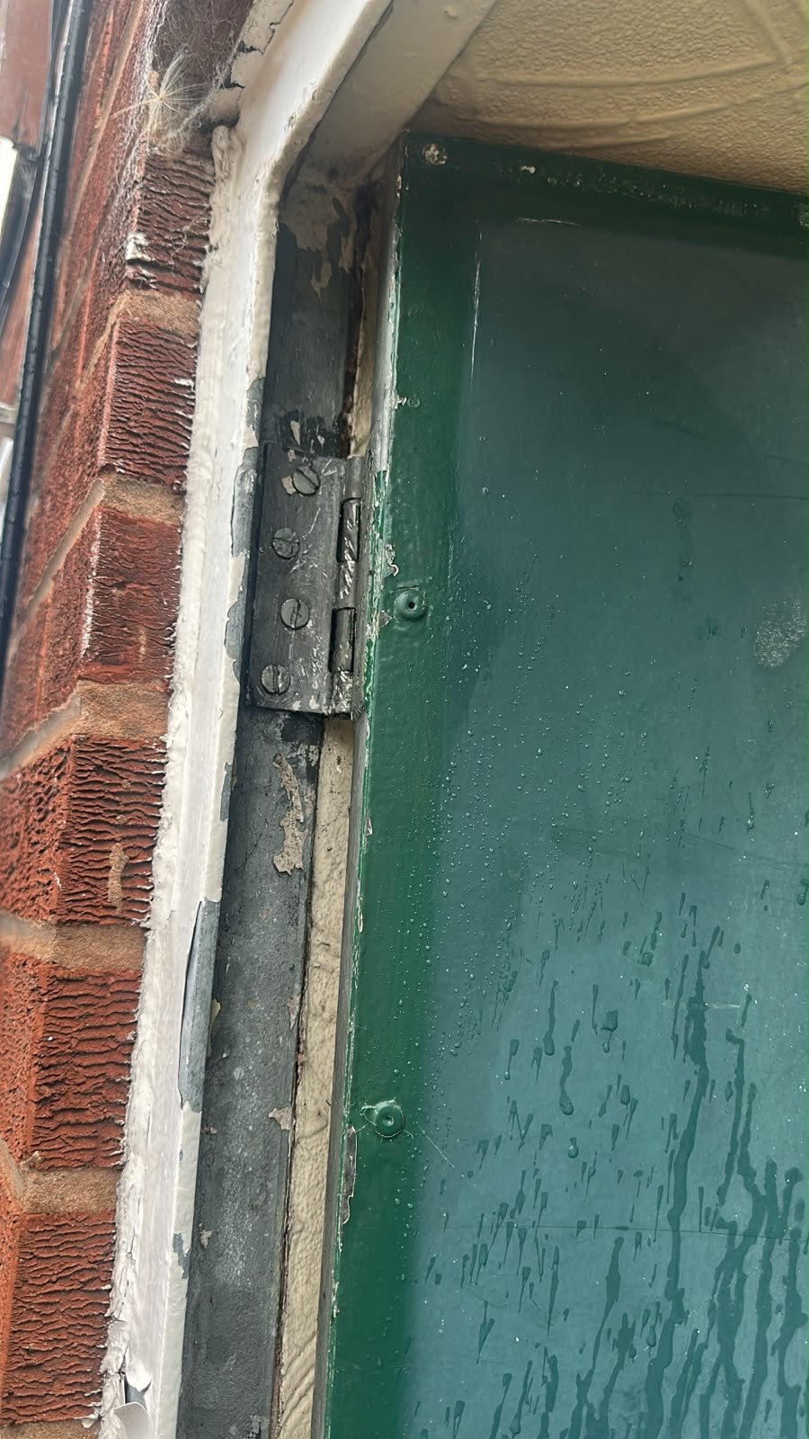 Painted steel hinge on a door frame with flaking paint, beside a green door