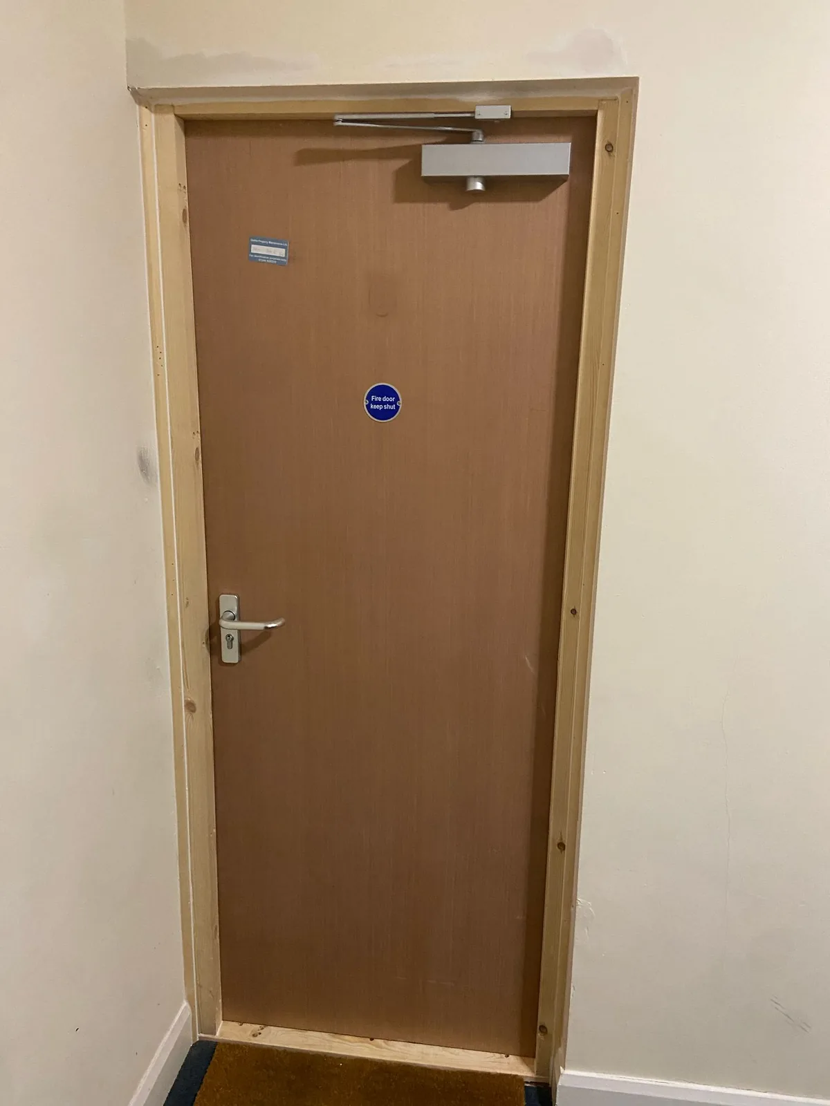 Plywood-faced fire door with an overhead closer, lever handle and fire door keep shut sign, in a new softwood frame