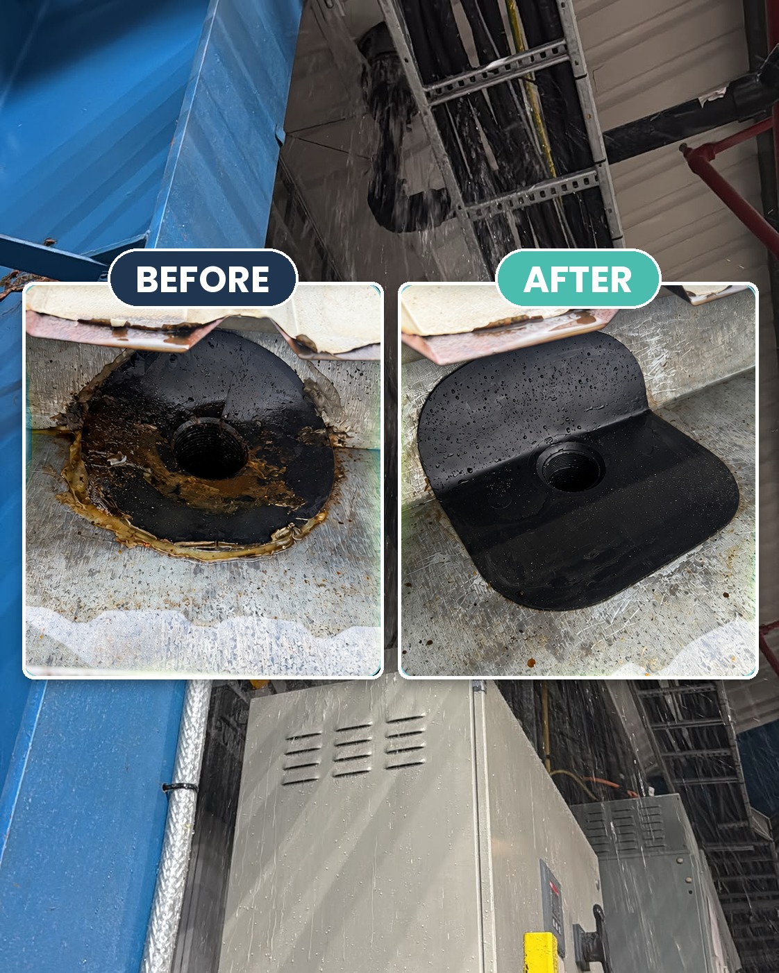 Before and after: corroded rainwater outlet in a steel box gutter replaced with a new outlet, with the roof leak onto electrical cabinets behind